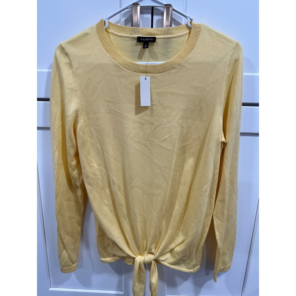 Talbots Womens Yellow Cotton Tencel Tie Front Long Sleeve Sweater Sz S